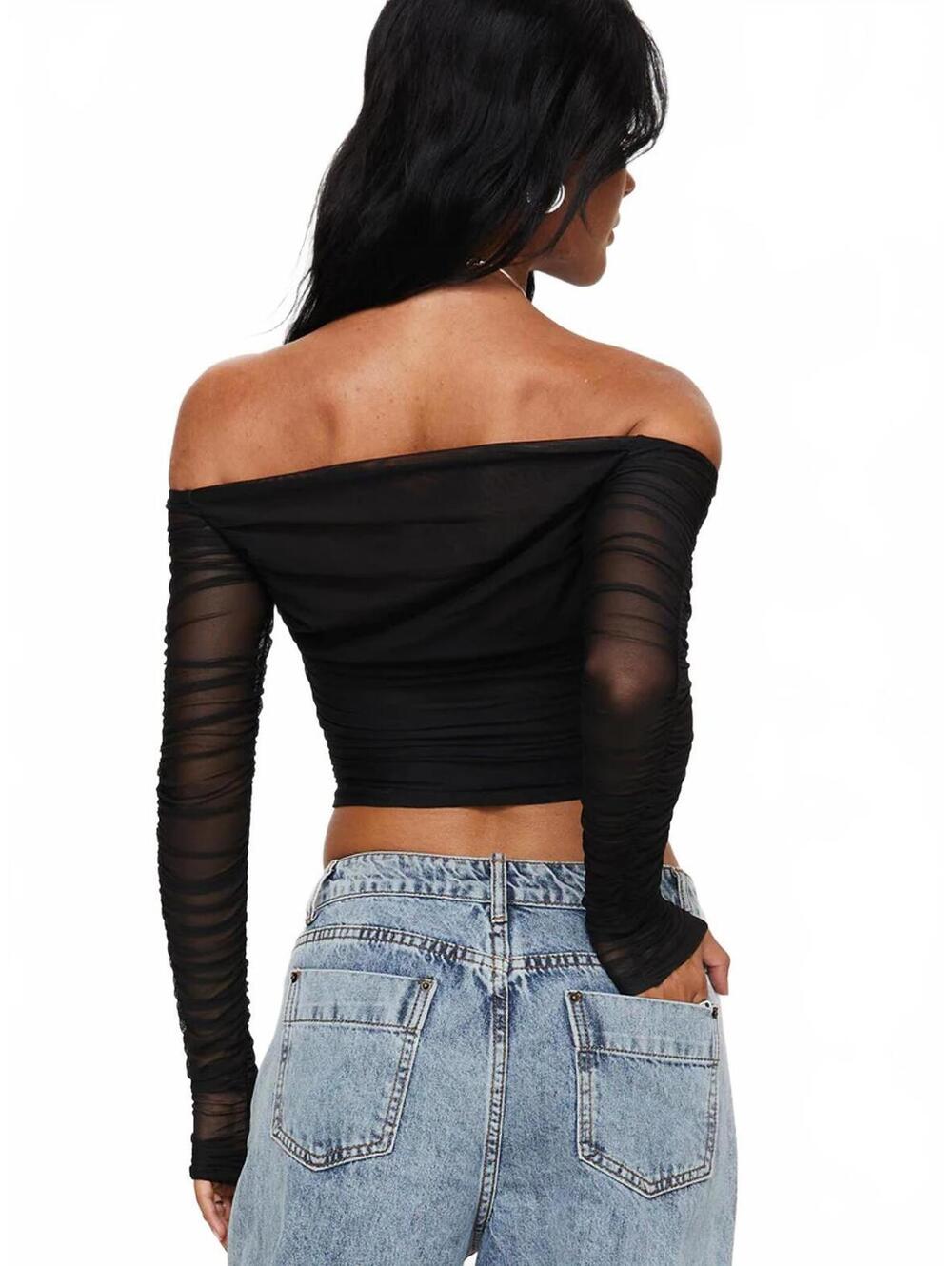 NWT Princess Polly Hartford Black Off the Shoulder Sheer Ruched Crop Top- Size 6 - Picture 4 of 9